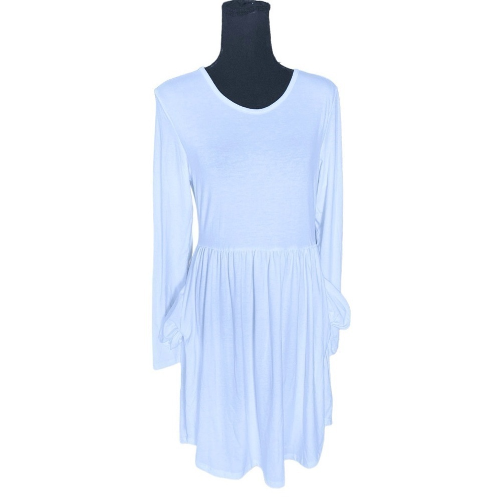 LONGYUAN Knee High White Long Sleeve Dress with pockets - Picture 10 of 14